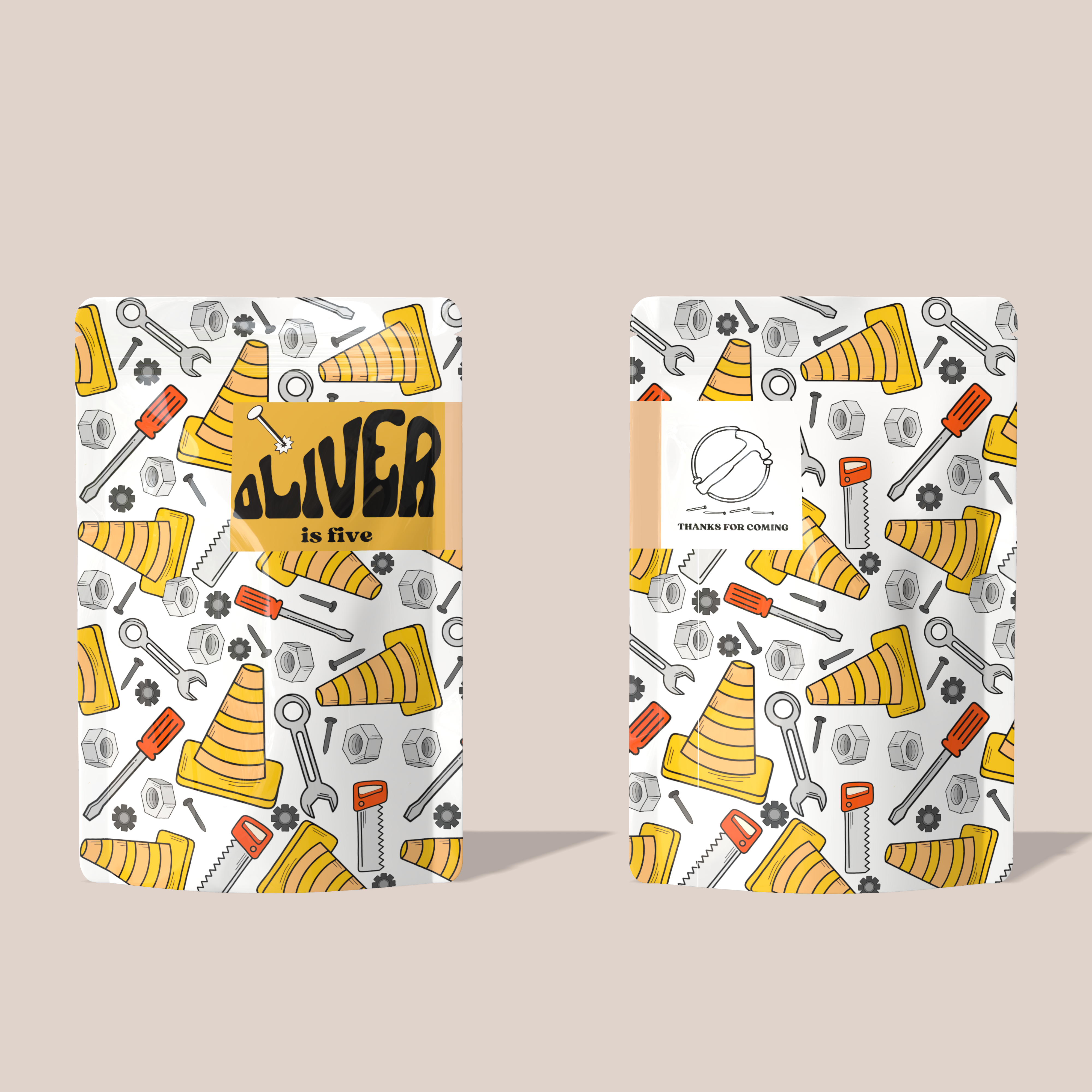 construction theme stand up party bags with custom label 